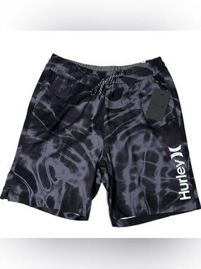 Hurley Men’s Swim Trunks Black Gray Smoke Logo Print Drawstring S New